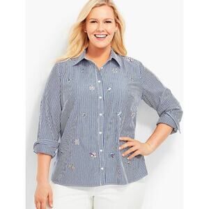Talbots Woman Rhinestone Flowers & Garden Insect Stripe Shirt Size X